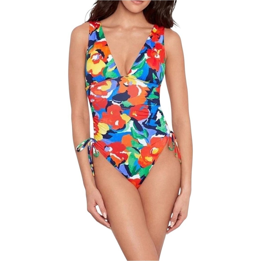 Lauren Ralph Lauren Abstract Floral One Pc Swimsuit Sz 10 Multicolor Ruched